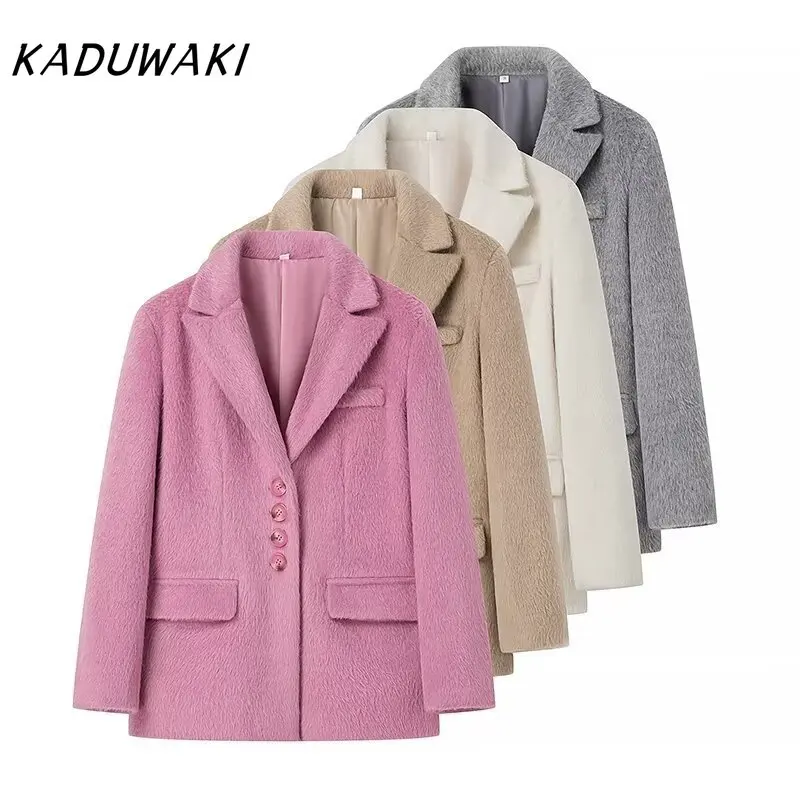 

KADUWAKI American Retro Women Winter Blazer Coat Turn Down Collar Warm Coat Turn Down Collar Fashion Design Blazer Feminino Tops