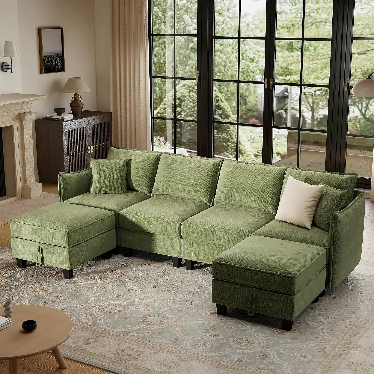 U-Shaped Modular Sectional Sofa 6-Seat Chenille Couch with Storage Ottomans Convertible Living Room Furniture 112