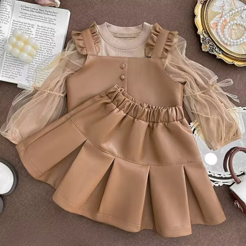 Children Autumn Winter New Style Long Sleeve Sweater Vest PU Leather Short Skirt Girls Three Piece Set