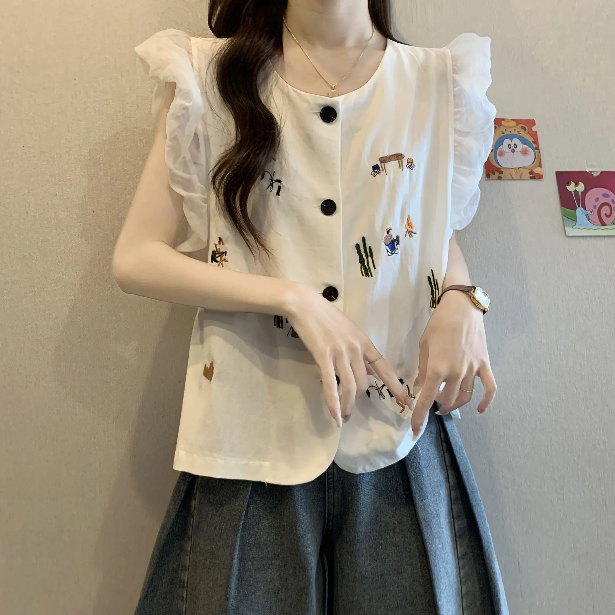 

Свободная футболка, женские майки, лето 2029, новый мультяшный дизайн с вышивкой, облегающий модный повседневный топ с короткими рукавами