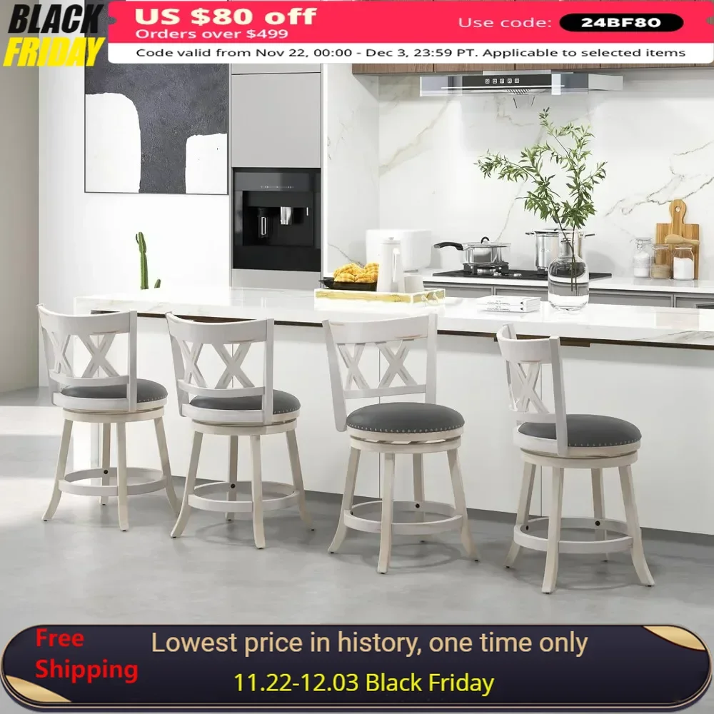 Bar Stool, 25.5” Swivel Armless Counter Height Stools with Padded Seat, Ergonomic Curved Backrest, Set of 4 Barstool