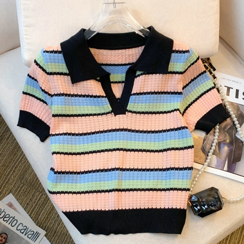

2025 Summer New Rainbow Striped Turn-Down Collar Lady Thin Sweater Short Sleeve Knitted Pullover Women Fashion Crop Tops Mujer