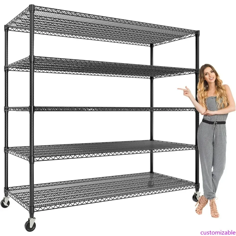 

Sturdy 82 5-Tier Metal Storage Shelves with Adjustable Wire Racks and Mobility Wheels