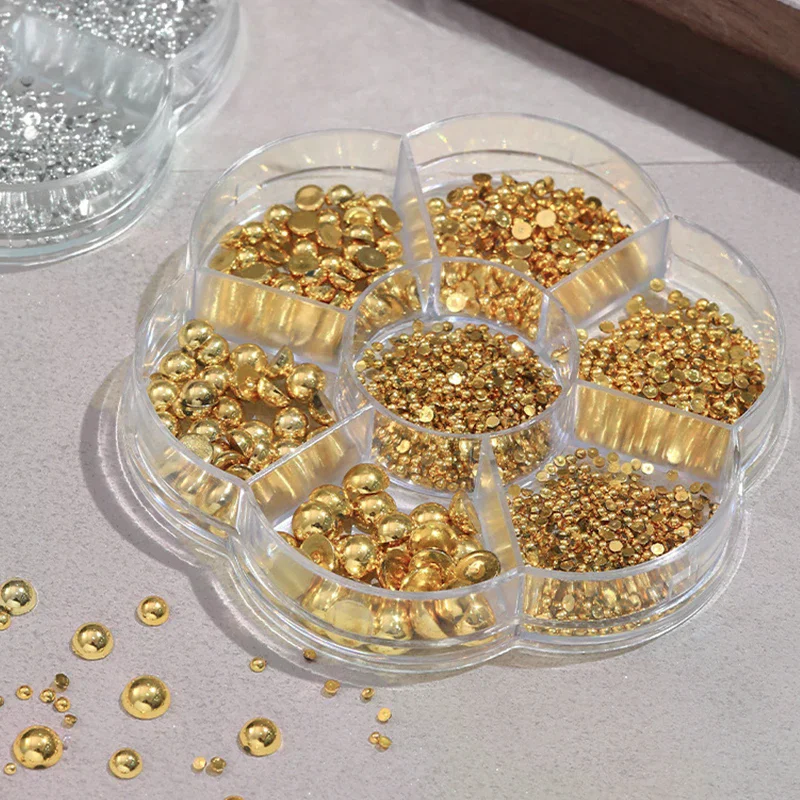 7 Grids Silver Gold Pearl Nail Art Decorations White Half Round Flat Bottom Mixed Size Nail Art Diy Accessories