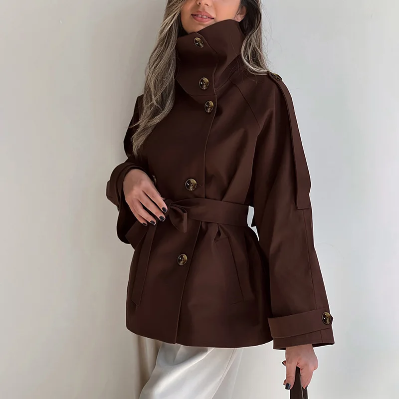 Ticketsx Vintage High Neck Trench Coats Double Breasted Lace Up Patchwork Slim Jacket Women Fall Winter Office Streetwear Trench