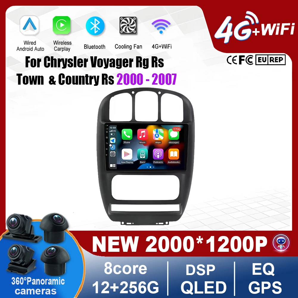 Layar otomatis Android Carplay nirkabel untuk Chrysler Voyager Rg Rs Town & Country Rs 2000-2007 alat Stereo pemutar Multimedia 4G