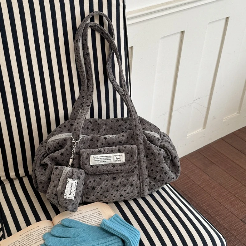 Korean Style Striped Star Tote Bag Women Lazy Style Casual Versatile Shoulder Bag Large Capacity Daily Canvas Commuting Bag