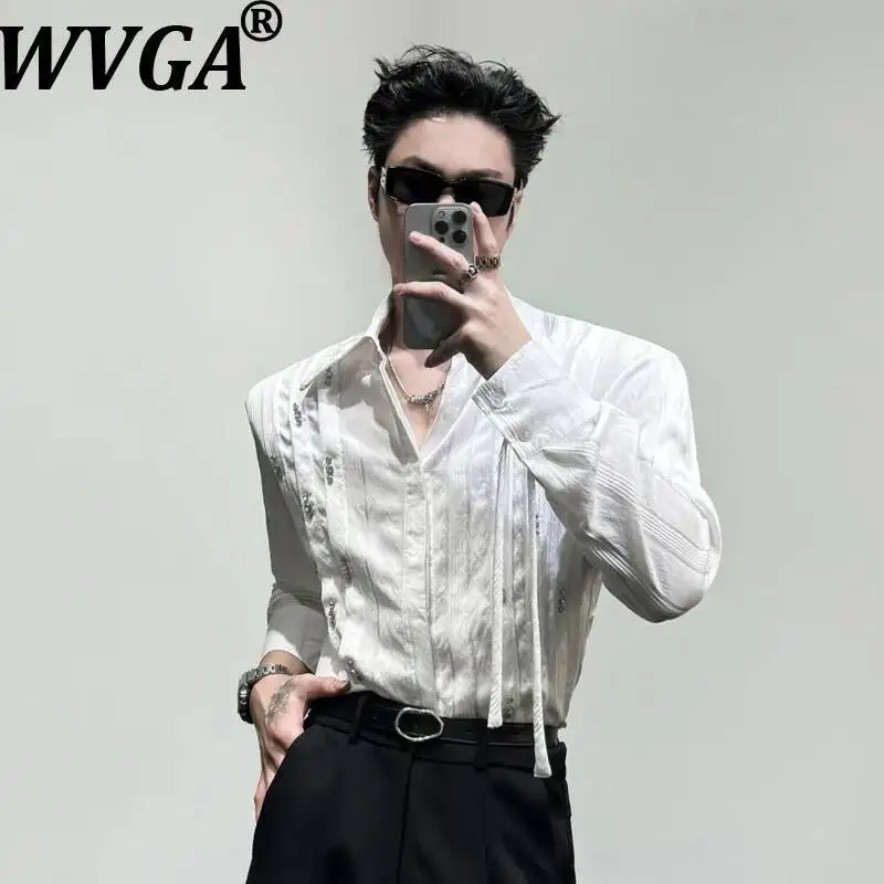 

WVGA Spring Summer New Men Luxury Pleated Diamond-Studded Ribbon Long-Sleeve Shirt Niche Casual Turn-Down Collar Tops Ins W24068
