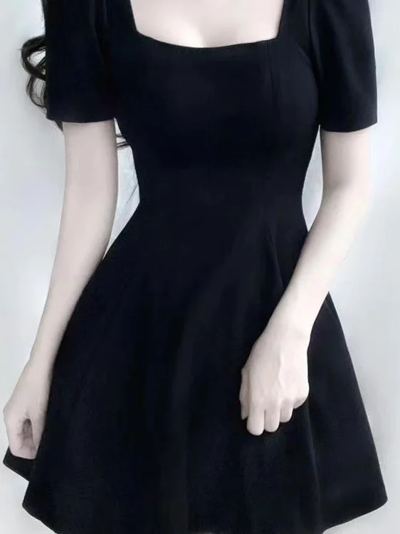 Summer Hepburn Black Dress Elegant Slimming Waist Square Collar Short Sleeve French Style Pure Color Polyester Women's Dress