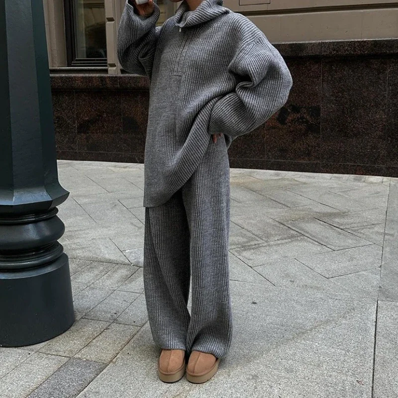 2025 Women's New Autumn Winter Collared Half Zip Ribbed Knit 2-Piece Set Oversized Wide Leg Pants Fashion Sweater Suit