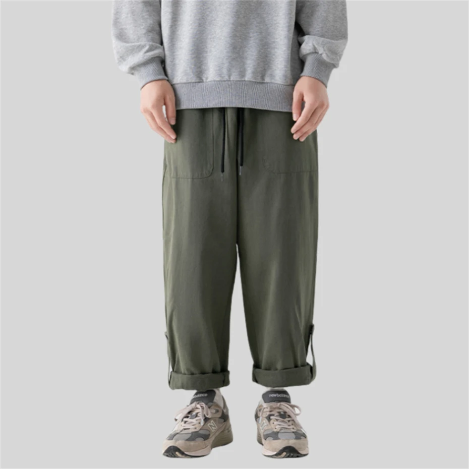 Winter Fleece Pant Men Hip Hop Streetwear Joggers Pant Loose Cargo Ankle Length Pant Men Japan Solid Beige Trousers Mens Clothes