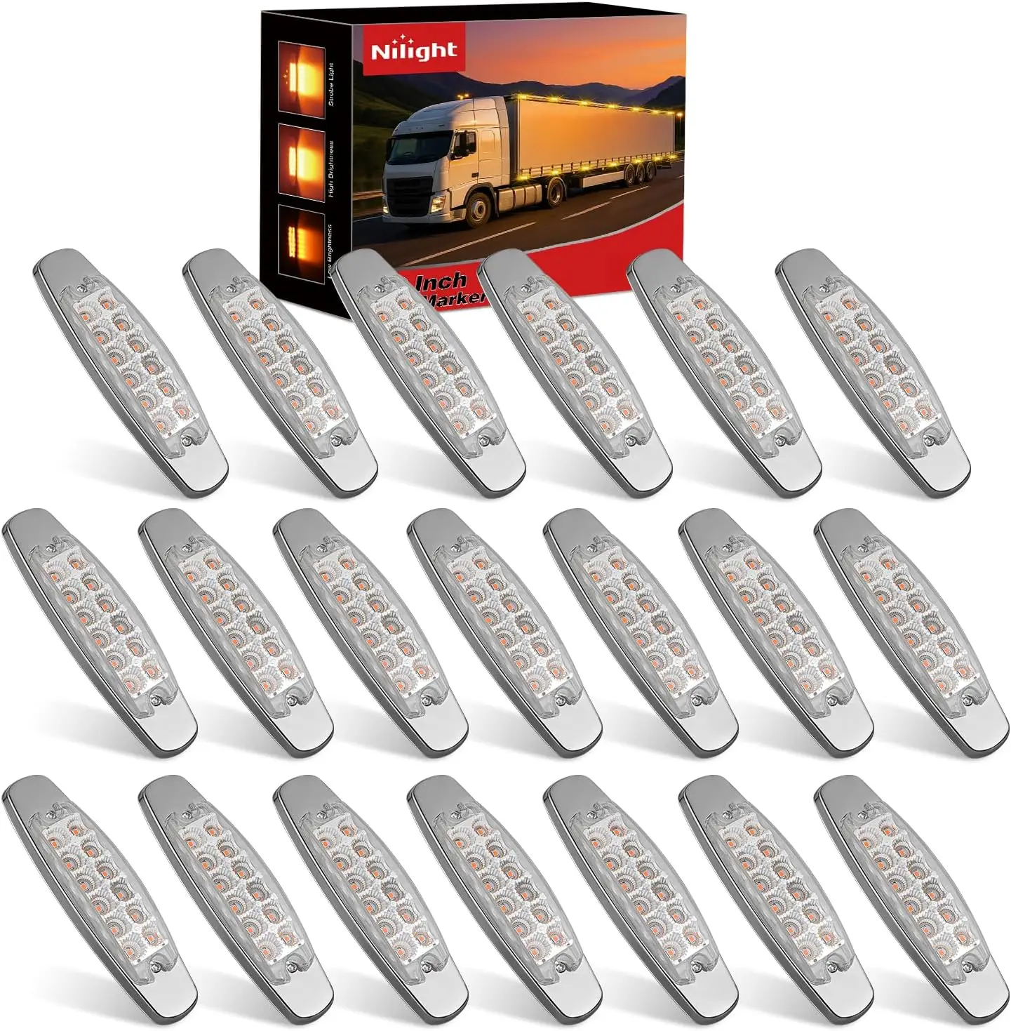 

Nilight 20 Pack 6.3 Inch Rectangle Amber Side Marker Lights 12 LED 3 Functions (High/Low/Strobe) IP67 Waterproof Stainless Steel Chrome Bezel 12V Surface Mount for Truck Trailer RV SUV Boat