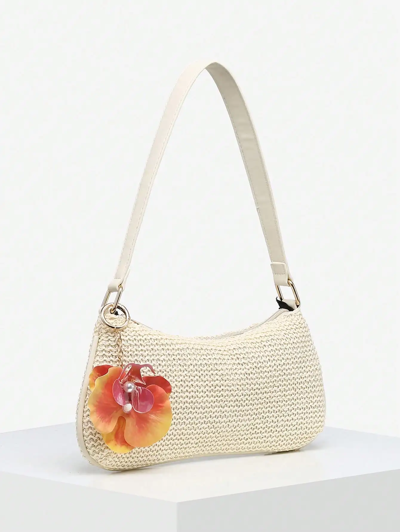 1pc Women's Vintage Resort Ocean Creature Faux Pearl Cherry Blossom Beaded Artificial Fur Tail Decor Crossbody Bag, Suitable For Dates, Outings, Vacations ,Holiday