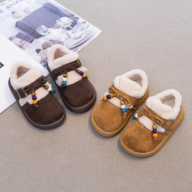 

Little Girls Plush Lining Leather Shoes with Cute Beaded 2025 New Winter Kid Casual Shoes Soft Sole Simple Retro School Footwear