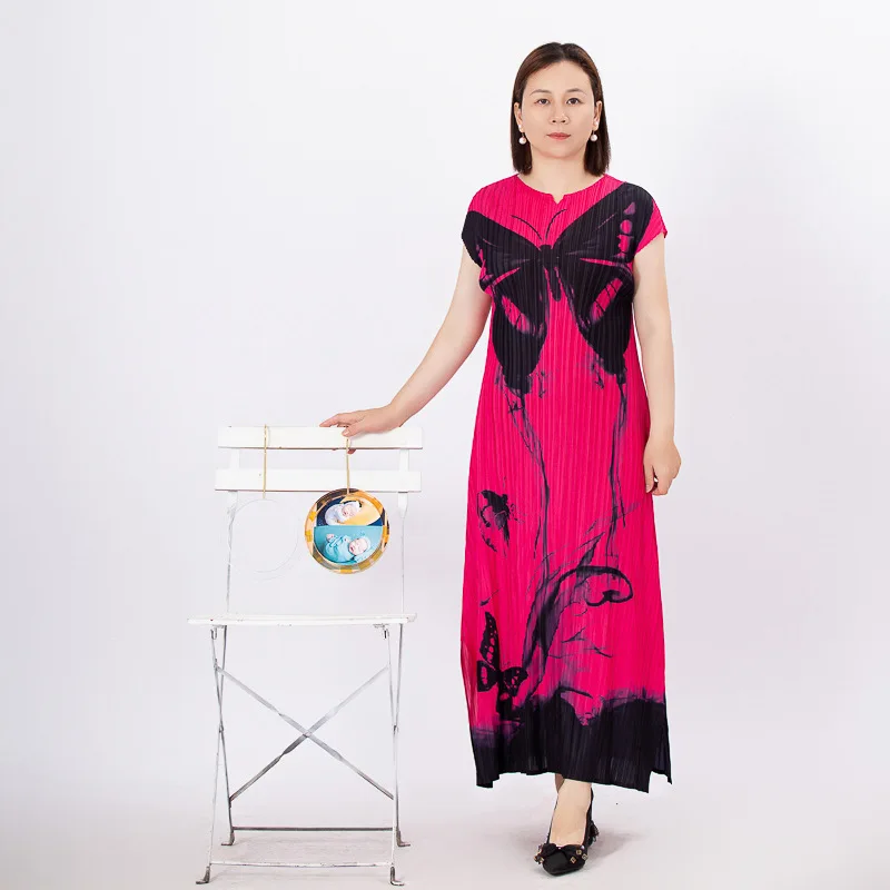 

Miyake Pleated Dress Women's Clothing 2023 Print Round Neck Temperament Loose Fashion Midi Length Dresses Summer New Style