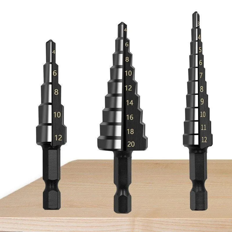 3Pcs Black Hexagonal Shank Straight Slot Ladder Drill Bit Reaming and Hole Opening Blackened Pagoda Drill Tool Set