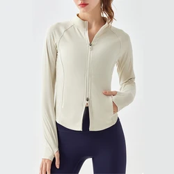Women Slim Fit Running Jacket Solid Color Long Sleeve Yoga Top Super Stretch Breathable Workout Coat Female Gym Sportswear