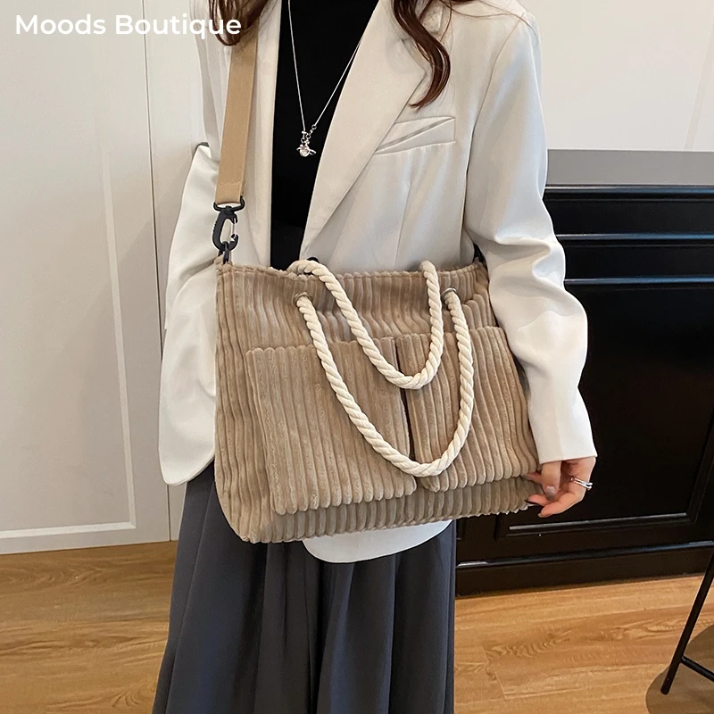 

Women Fashion Shoulder Cross Body Bags Corduroy Fabric Solid Color Multi Pockets Large Capacity Casual Street Shopping Tote Bag