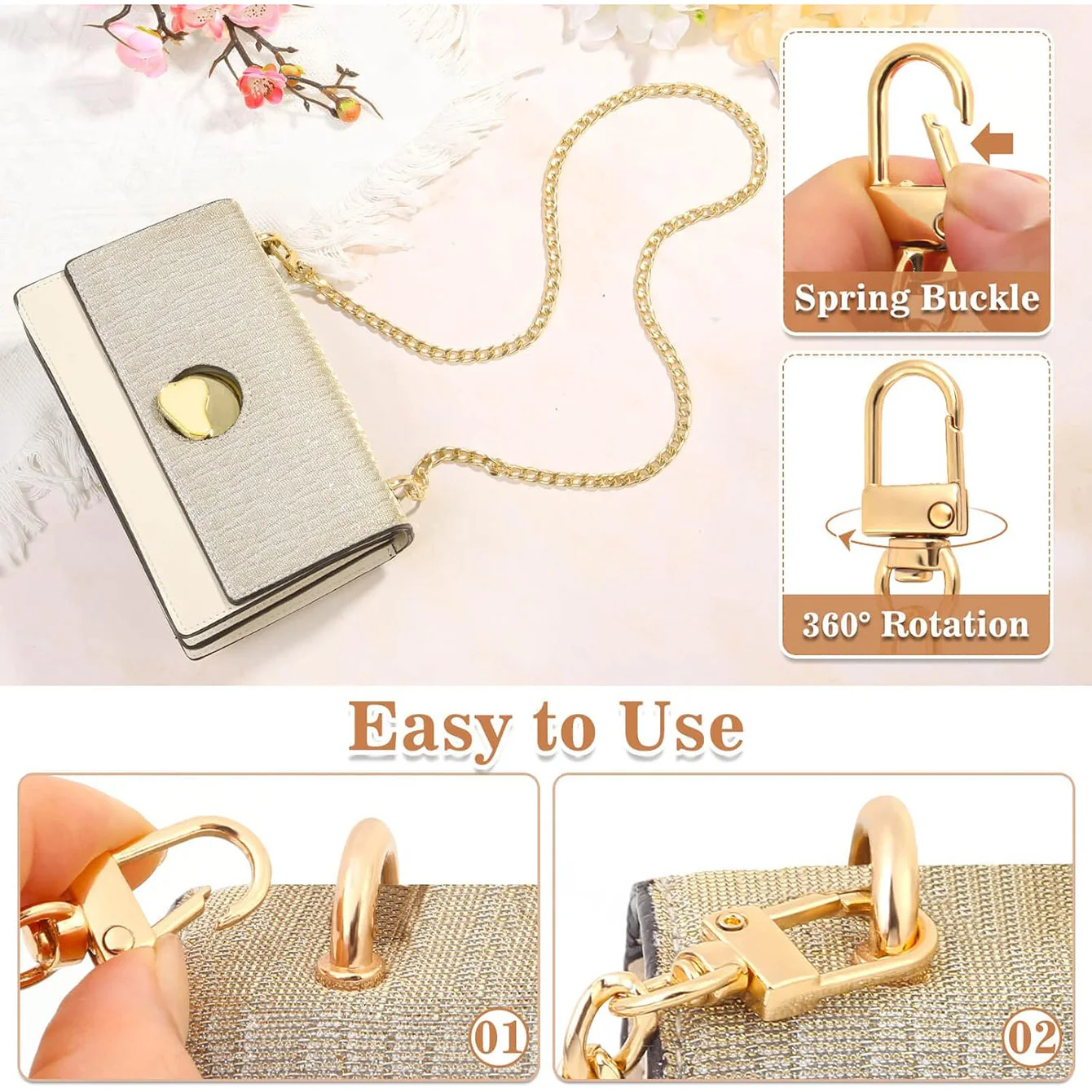 Hellgoldene Geldbörsenkette, Umhängetaschenkettenriemen, goldene Gürtelkette, Kettenersatzzubehör, Geldbörsenverlängerungsriemen für Taschen – Detail 10