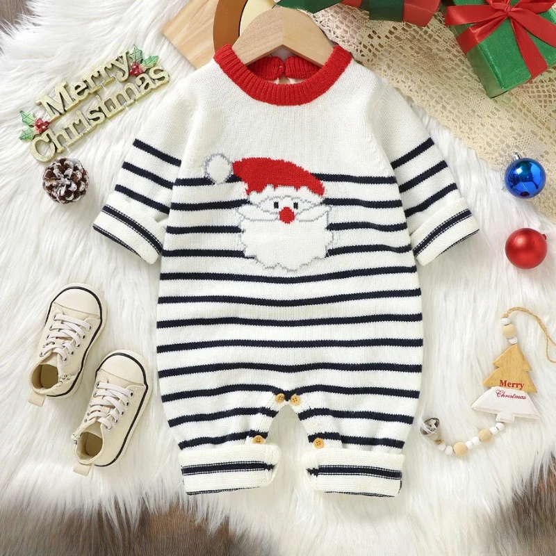 Newborn Boys Girls Christmas Santa Claus Jumpsuit Outfit Winter Toddler White Playsuits 0-18m Baby Rompers Full Sleeve Crew Neck