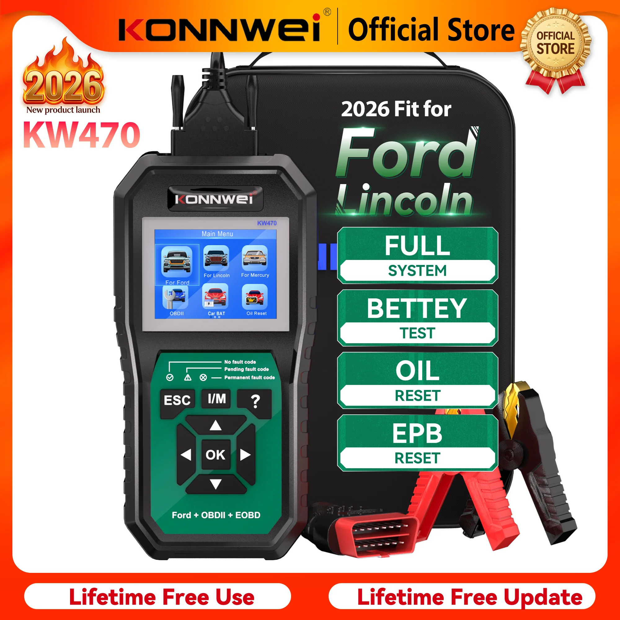 

2026 KONNWEI KW470 Car OBD2 Diagnostic Tool for Ford Full System Scanner with ABS SRS TPMS Special Functions Oil SAS BMS Reset