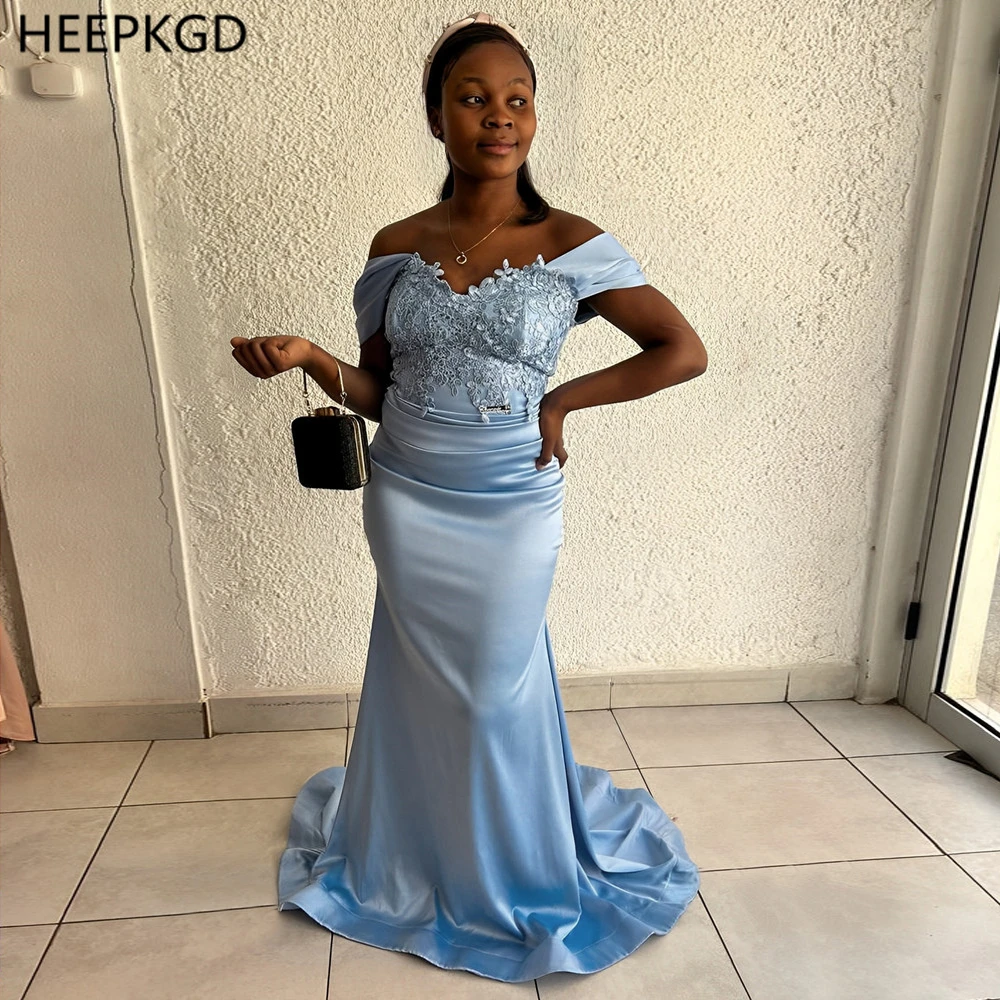 

Customized Baby Blue Mermaid Formal Evening Dress Corset Back Off The Shoulder High Quality Lace Satin Women Birthday Party Gown