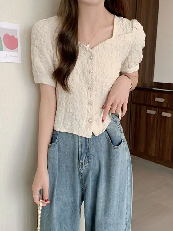 Ele ort Sve Chiffon Pred Flower Top Slimming Sli Summer New Arrival Faionable Square Collar Women's irt