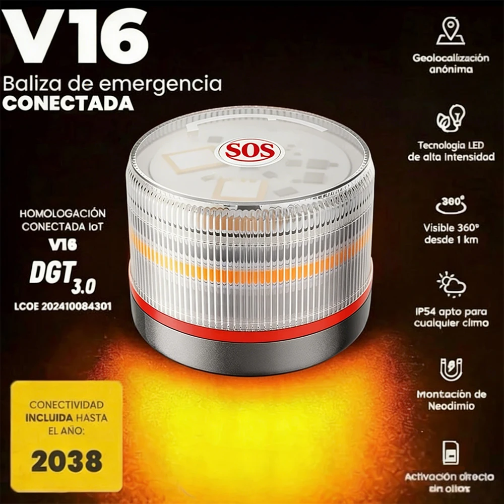 

Автомобильный аварийный фонарь 2026 1 LED, одобренный DGT, с геолокационным трекером для быстрого и эффективного определения местоположения, 360-градусный обзор