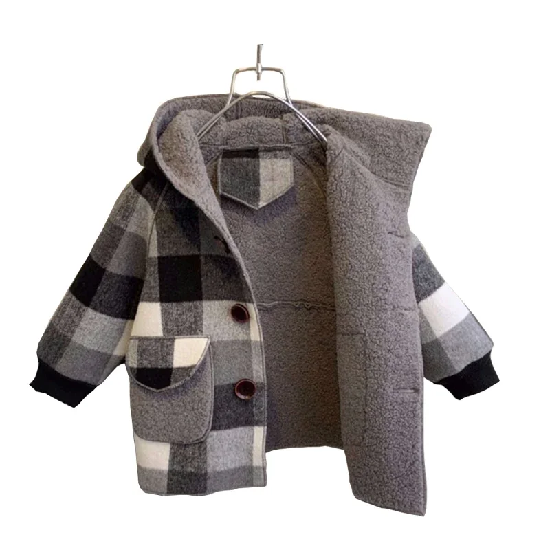 fall Winter Fleece Jackets For Boy Trench Children's Clothing 2-10Y Hooded Warm plaid Outerwear Windbreaker Baby Kids Coats