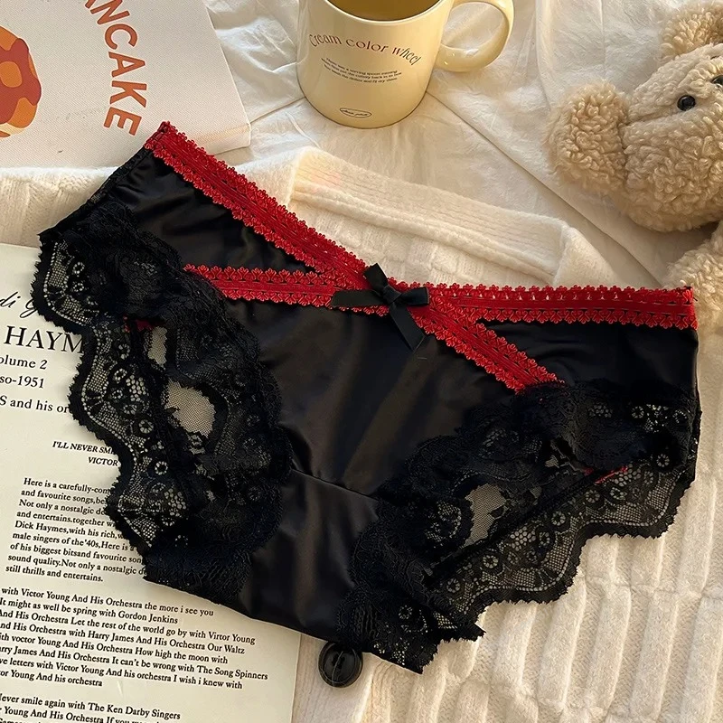 Satin Panelled Lace Briefs Sexy Women's Underwear Low-rise Panties Soft Briefs Comfortable Lingerie Трусы Женские