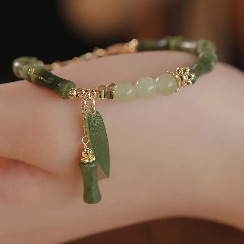 Green Bamboo Beads Bracelet for Women Unique Vintage Design Exquisite Jewelry Expensive-Looking Chinese Drama Style Accessory