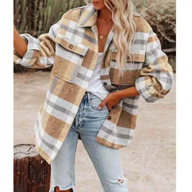 New fashion popular women\'s fall and winter long-sleeved loose plaid shirt tweed jacket female winter clothes women