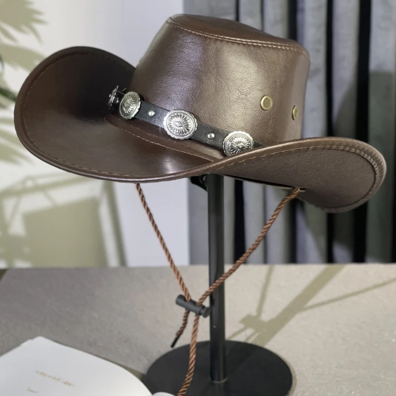 Handmade Cowboy Hat Wide Brim Hat with Ethnic Belt for Women Men Dress up Party Unisex Cowgirl Hat for Camping DXAA