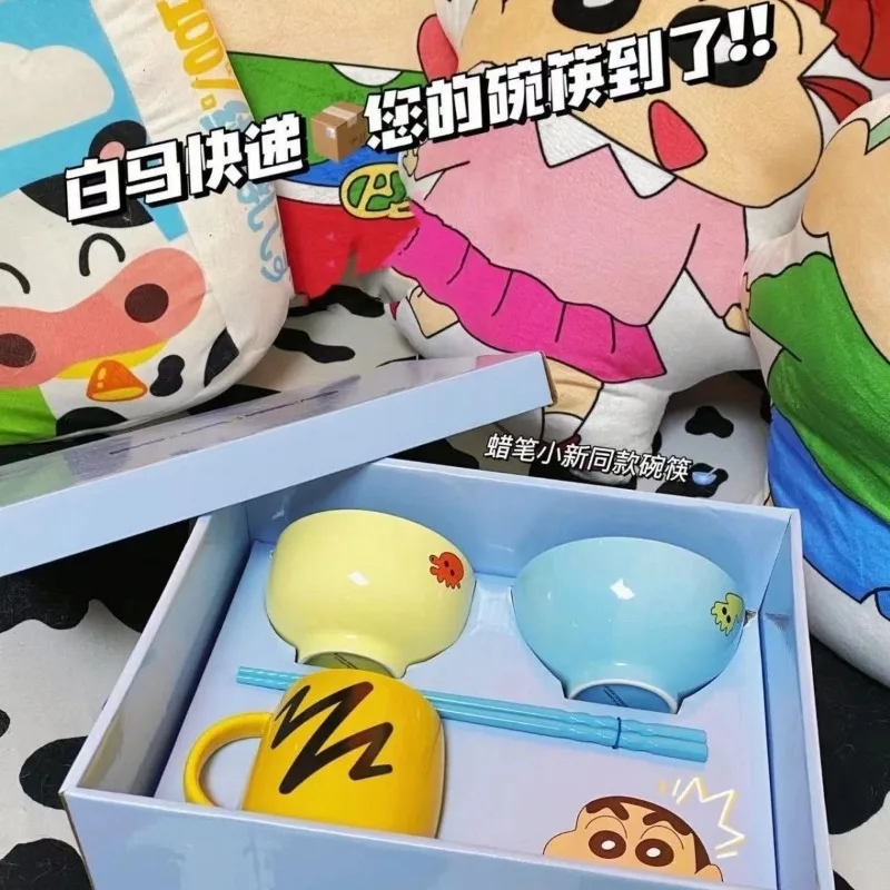 Crayon chan-chan mangkuk Mug anak-anak kartun sumpit piring cangkir susu mangkuk nasi peralatan makan keramik krayon chan-chan hadiah gadis