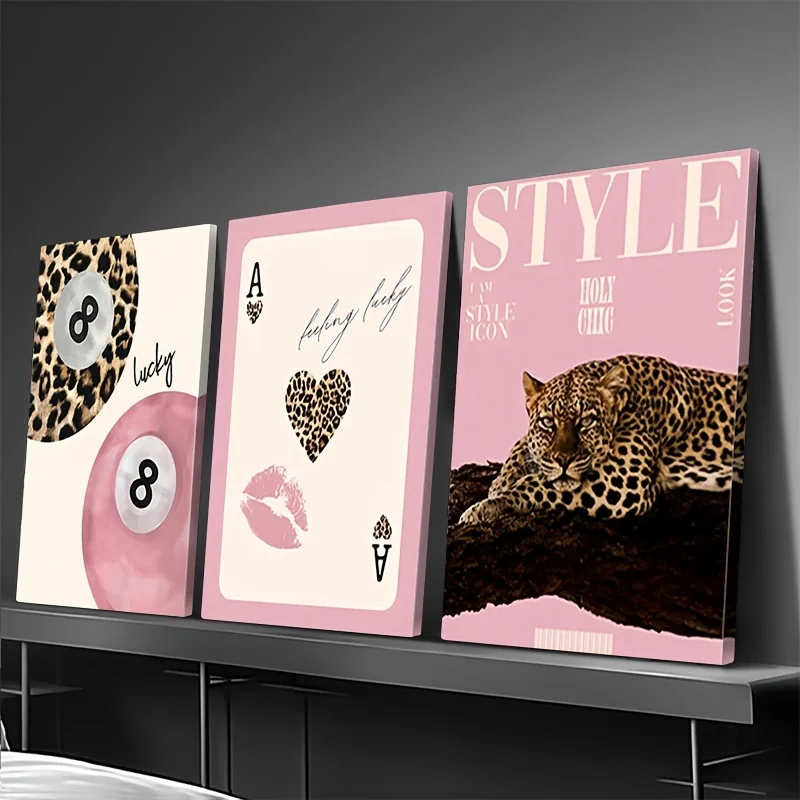 3pcs Leopard Cheetah Canvas Wall Art Print, Unframed Modern No. 8 Ball Lucky Print, Canvas Painting for Luxury Living Room Decor