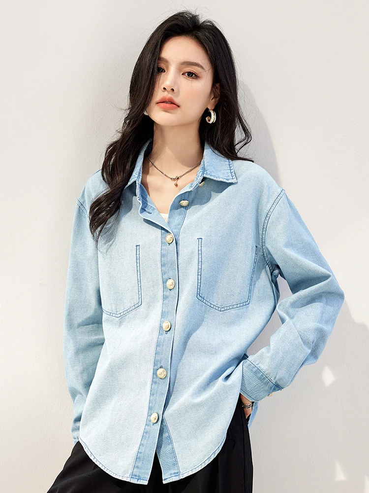 Autumn 2024 New Denim Shirts For Women Korean Style Long Sleeve Top Loose Retro Elegant Jean Blouses