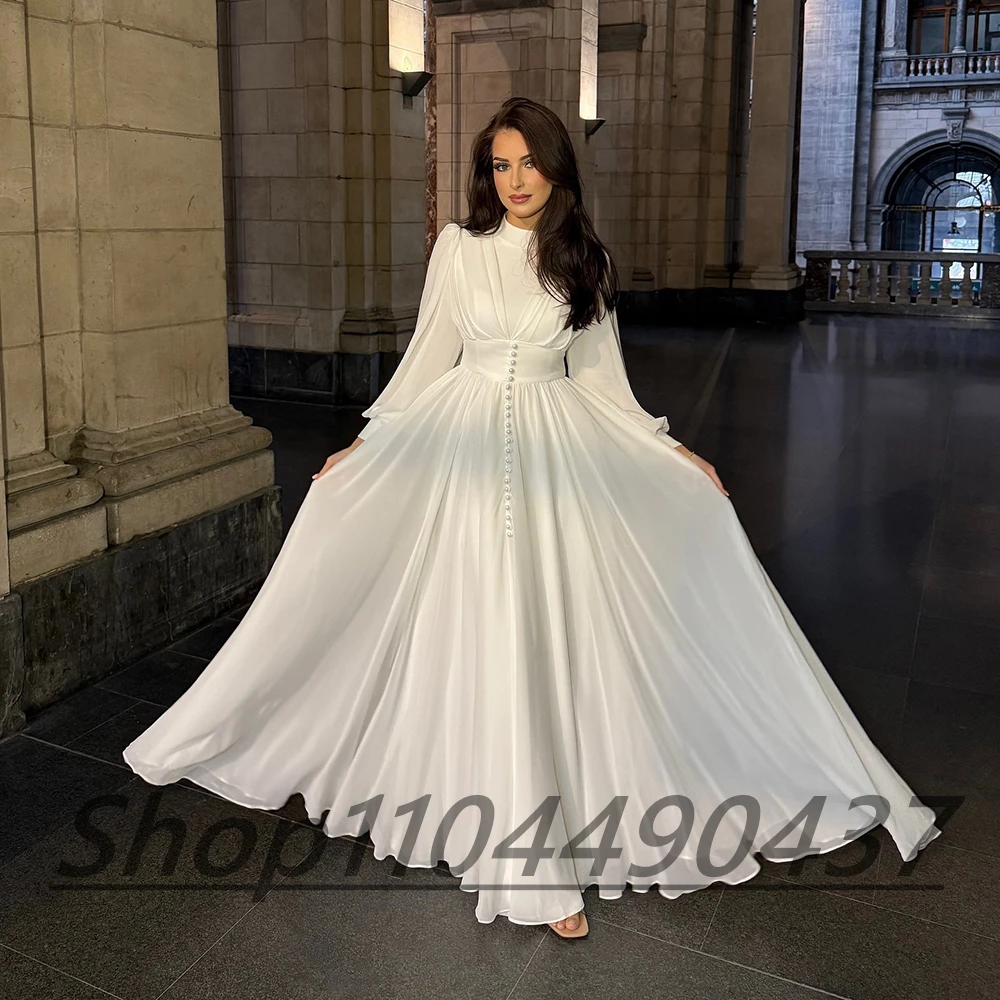 Dostosowane O-neck biała szyfonowa drapowana suknia wieczorowa ozdoba na guziki pełne rękawy ILLUSION linia A długość do podłogi na imprezę bal suknia