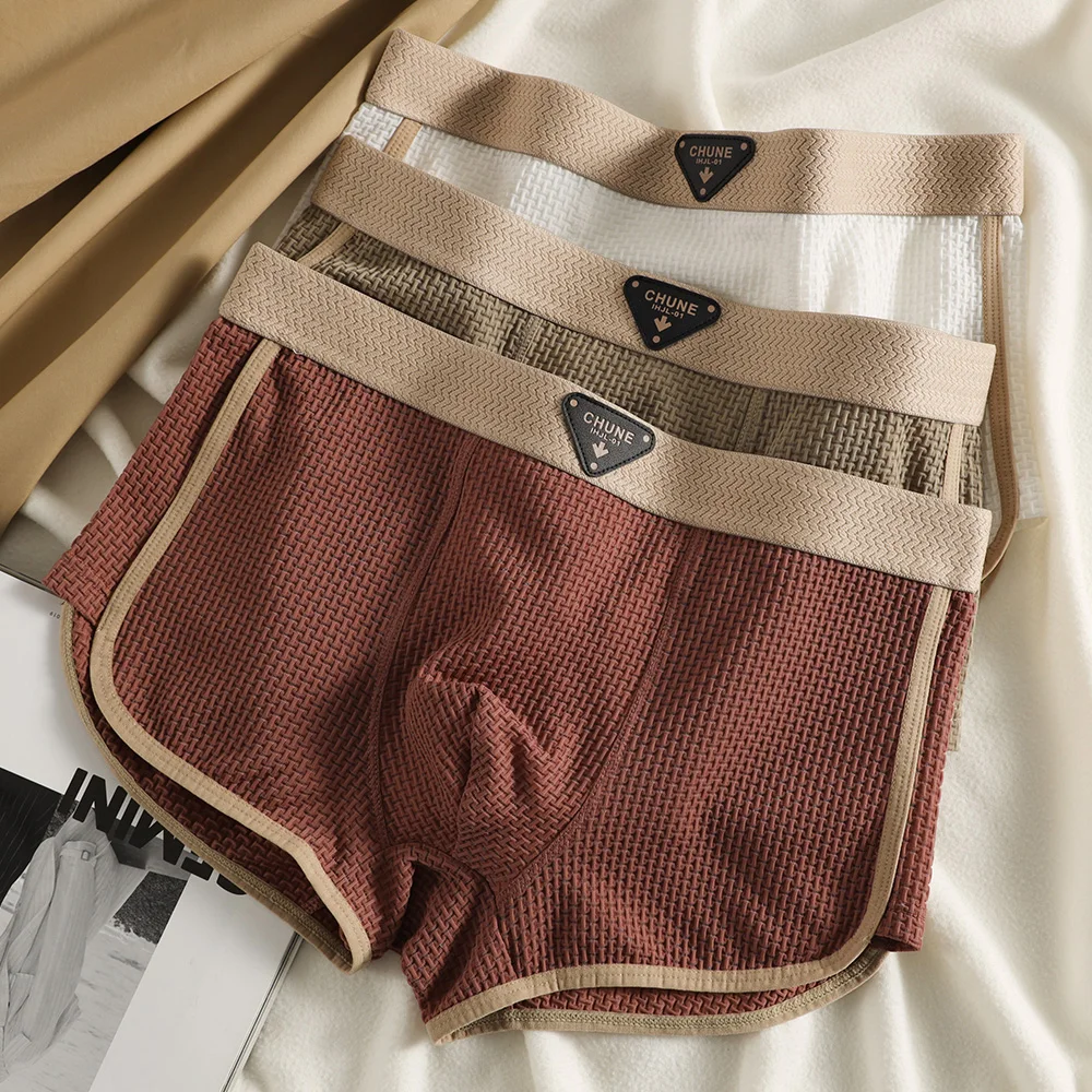 3 Teile/paket Mode Eis Seide Gestrickte Plaid Boxer Atmungsaktive Komfort Mesh Gabelung Unterhose Super Weiche Hohe Elastische männer Höschen