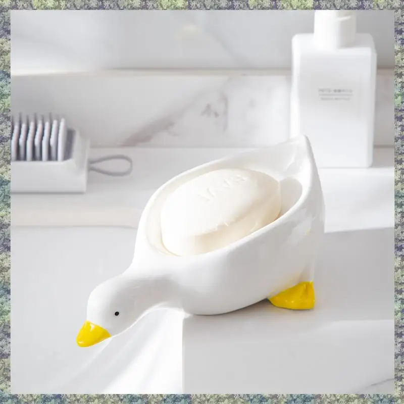 WON 1 Piece Yellow Duck Shape Soap Box Cartoon Soap Dish Drainable Soap Holder Soap Container Ceramics Soap Dish For Tray Bathro