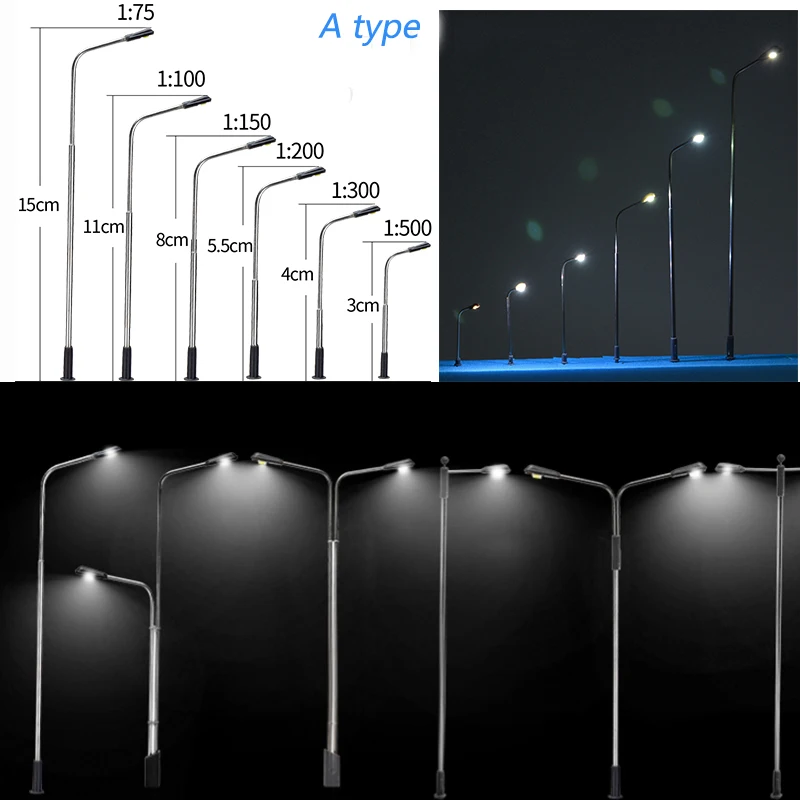 미니어처 금속 가로등 모델, LED 조명, DIY 건물 모래 테이블, HO 철도 장면 재료, 디오라마 키트, 스케일 1:75-1:500, 3V