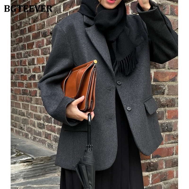 BGTEEVER Fashion Winter Thicken Warm Loose Single-breasted Female Woolen Blazer Vintage Long Sleeve Women Solid Blend Jackets