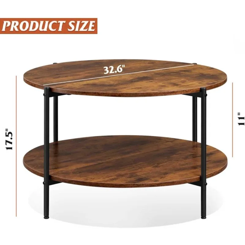 원형 커피 테이블, 32.6인치 개방형 수납 선반이 있는 소형 커피 테이블, 2단 산업용 원형 목재 센터 테이블