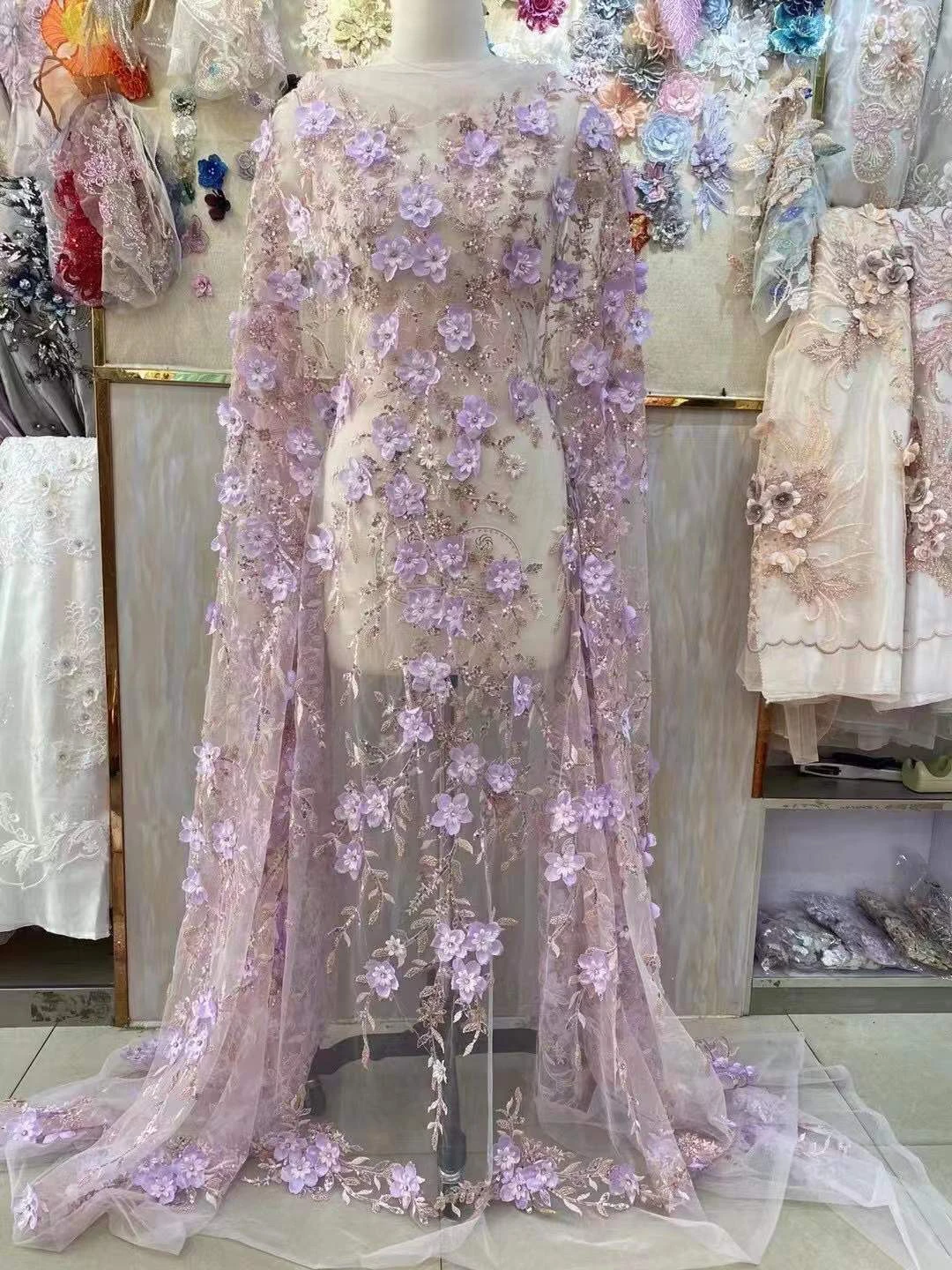 On Sale Wedding Dress Fashion  African embroidery 3D Flower Net Lace With Sequin  French Fabric Net Lace Evening Dress