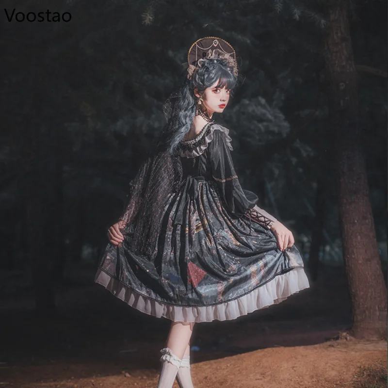 Japanse gothic lolita prinsessenjurk vrouwen vintage victorian dark forest party jurken meisjes harajuku elegante jurk met lange mouwen