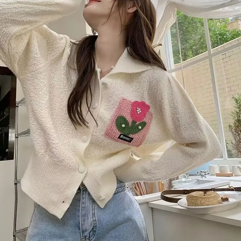 Gentle Turn-down Collar Knitted Cardigan Female Clothing Floral Fashion Beading Spring Autumn Single-breasted Loose Sweaters New