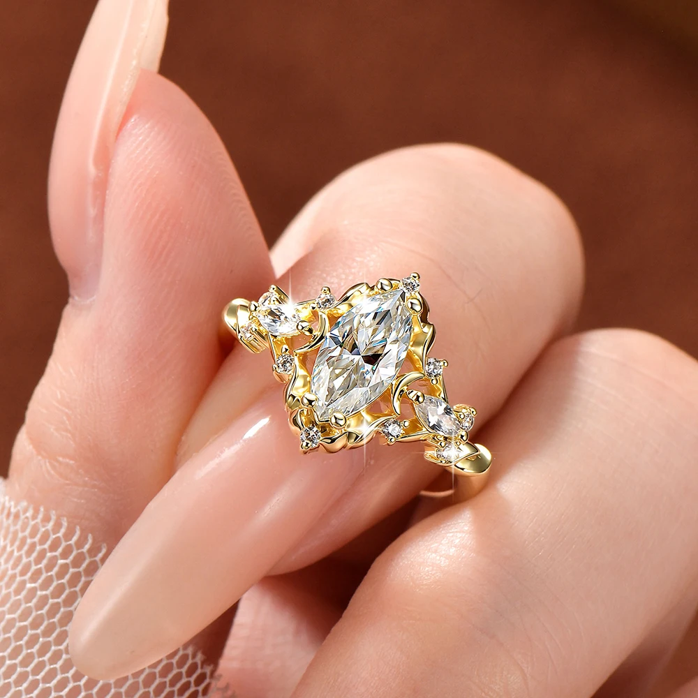 Abestecom Anillo de Compromiso y Boda Moissanita Marquesa 5x10mm D VVS1 Certificado GRA Circonita CZ Bañado en Oro 14K Joyería Fina Regalo Mujer Alianza Vintage Floral Novia Fiesta Aniversario
