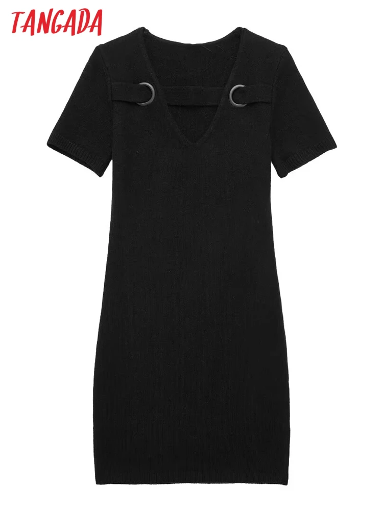 Tangada Women 2024 Black Hollow Knitted Mini Dress Short Sleeve Female Sexy Dresses 3H005