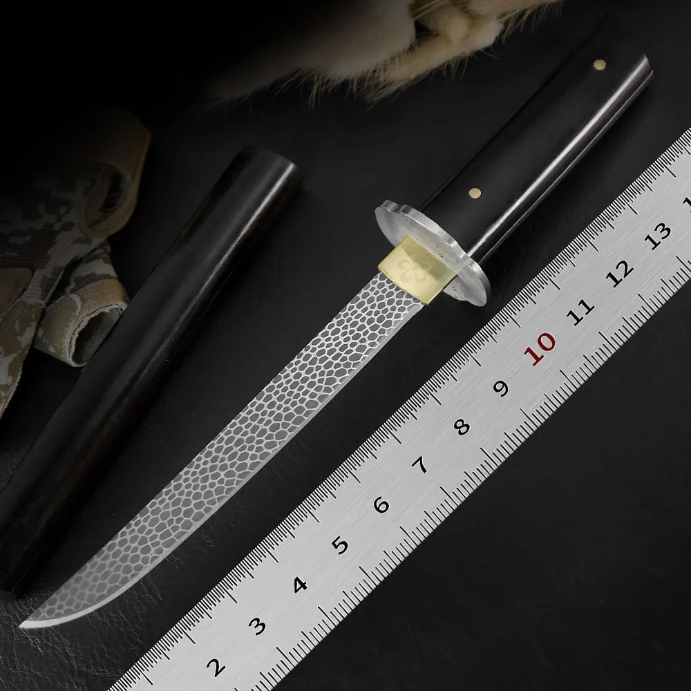 

Dragon Scale Warrior Black Sandalwood Handle Straight Blade Wilderness Survival Knife with K Sheath