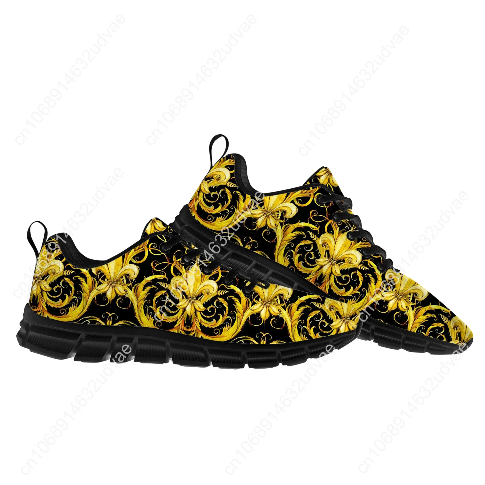 Luxury Golden Floral Prints Sports Shoes Mens Womens Teenager Kids Children Baroque European Sneakers Casual Custom Couple Shoes