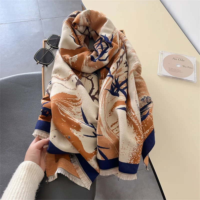 Autumn Winter Scarf Women Pashmina Shawls and Wraps Cashmere Blanket Warm Thick Stoles for Lady Outdoor Bufanda 2024 New Print